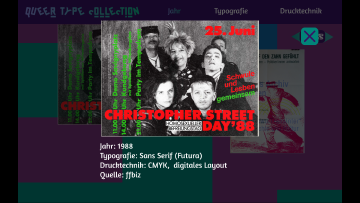 Screenshot der Queer Type Collection, Detail-Seite des Plakats der Christopher Steet Days 1988. Das Plakat hat ein schwarzweißes Foto mit punkig aussehenden Menschen und grüner und roter Schrift